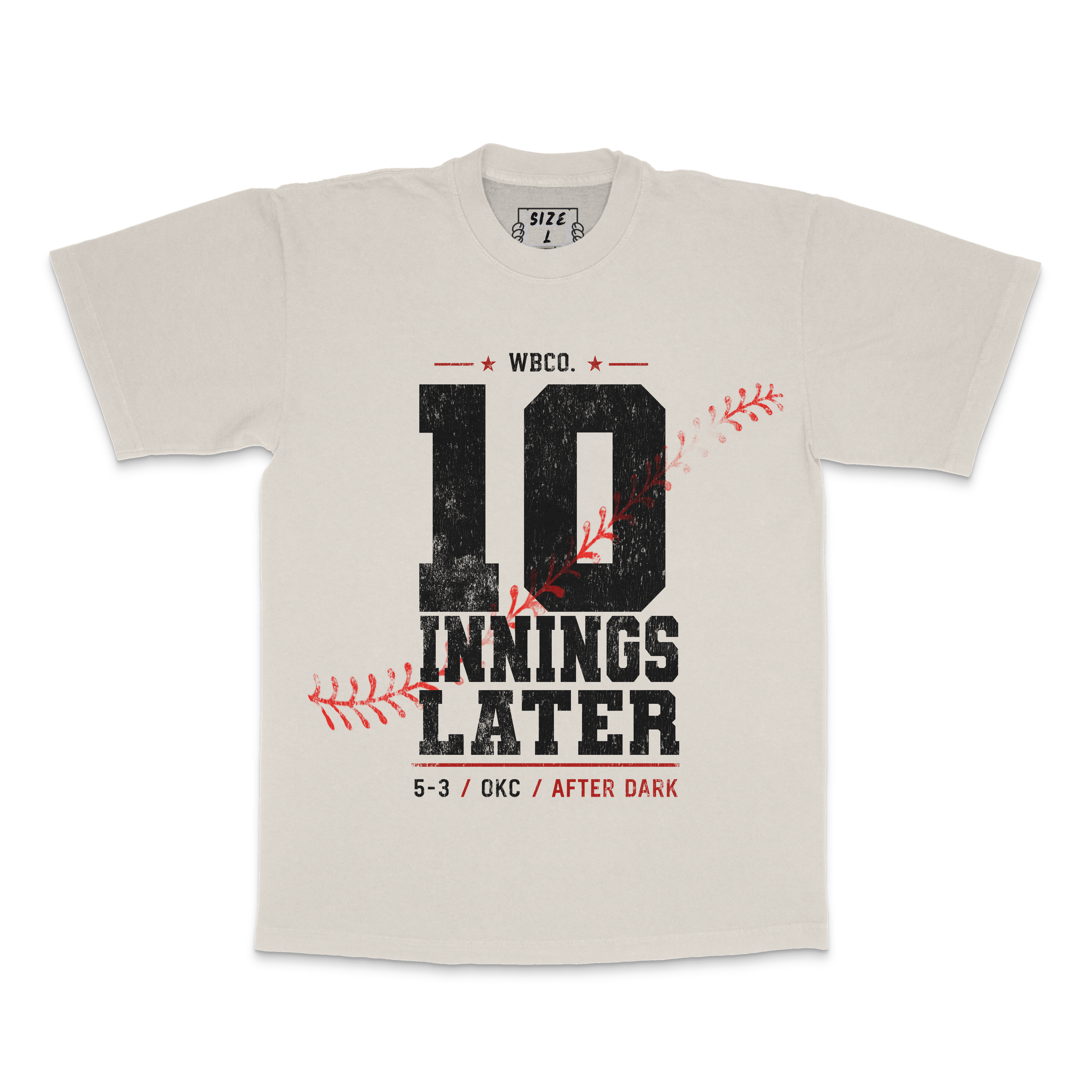 Vintage cream We're Back Co. 10 Innings Later tee with black and scarlet front graphic