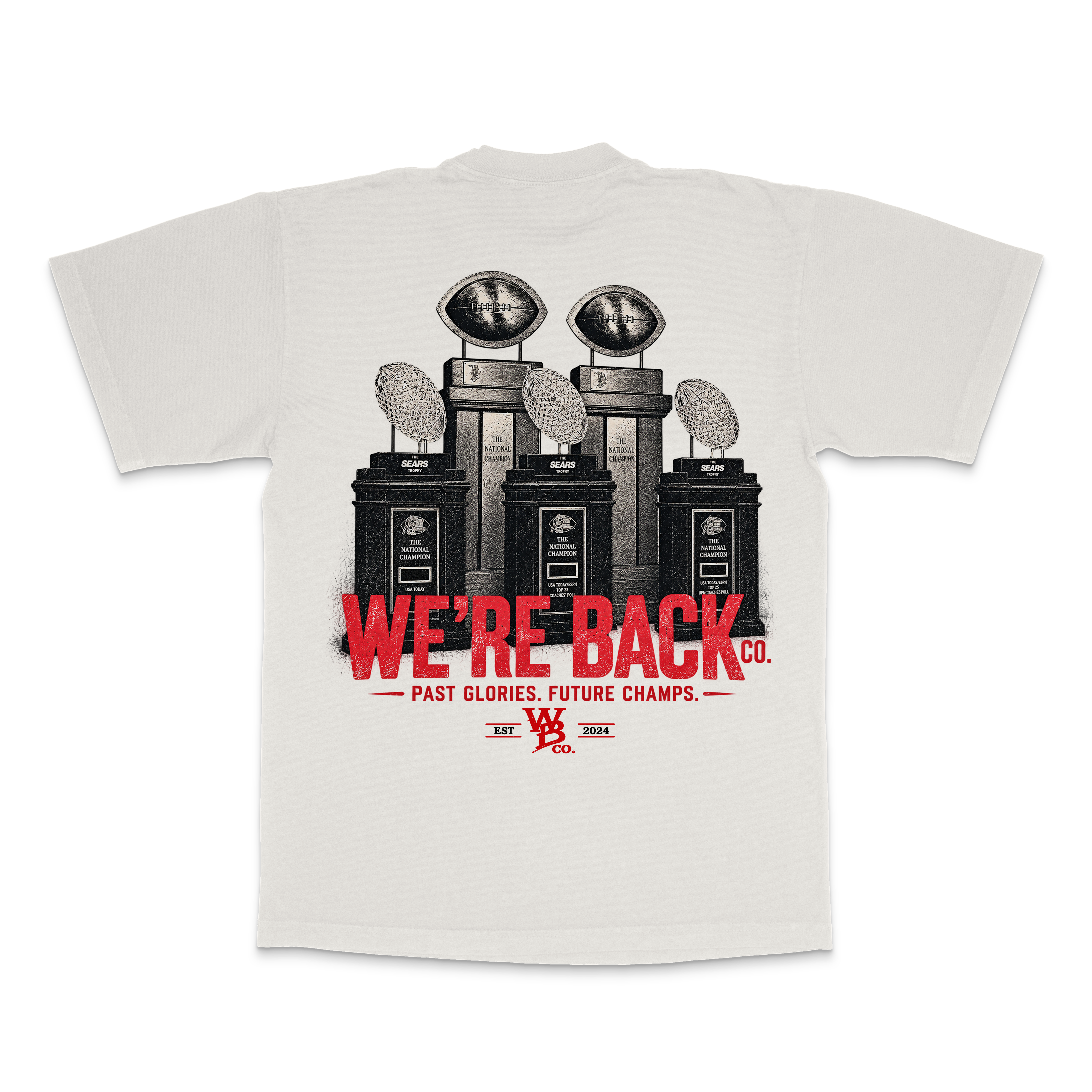 Back of faded ecru Trophy Tee with five-trophy graphic