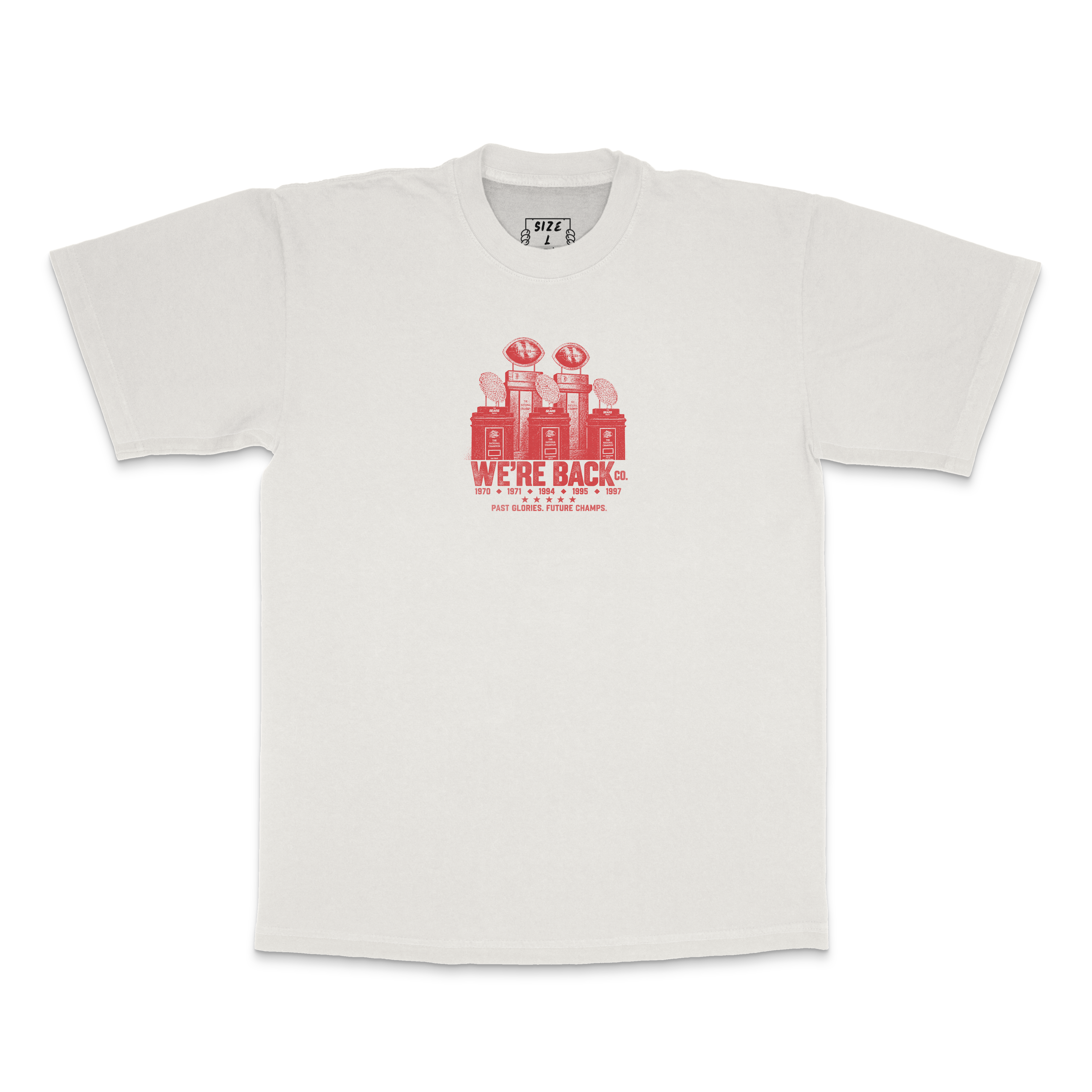 Front of faded ecru Trophy Tee with red trophy chest graphic