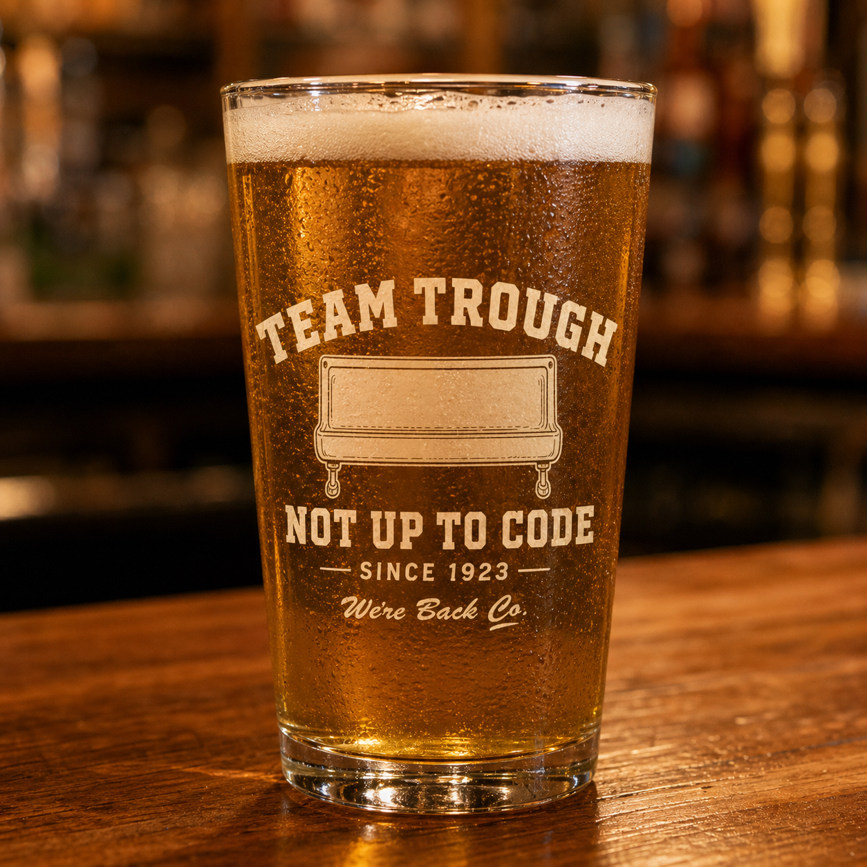 Team Trough Pint Glass — 16 oz shaker pint with cream Team Trough print — We're Back Co.