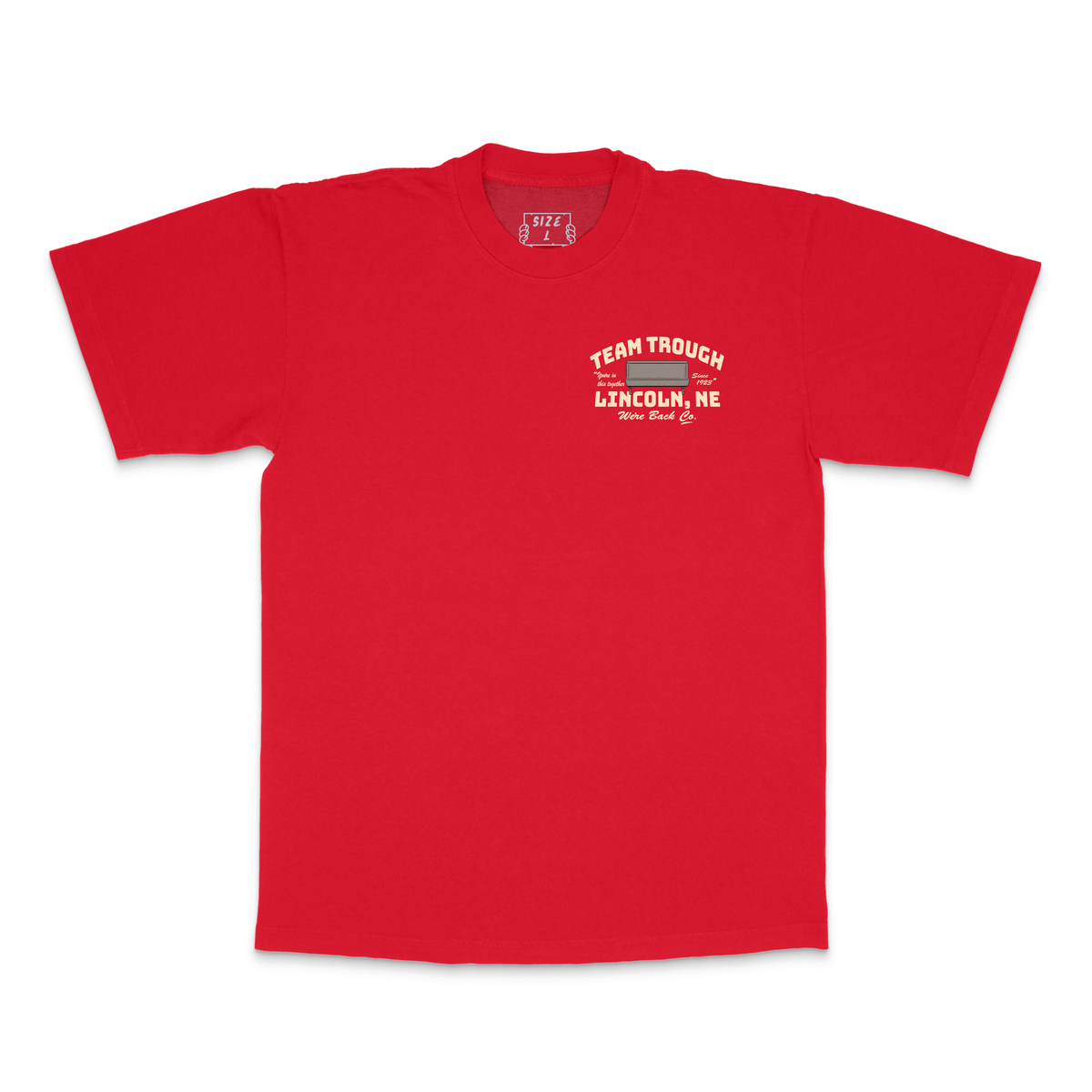 Front of the real scarlet Team Trough Tee with the small chest print